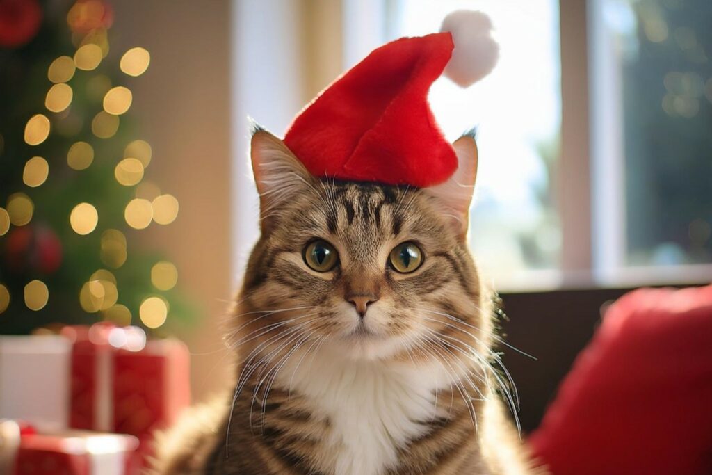 gatto con cappello natalizio in salotto